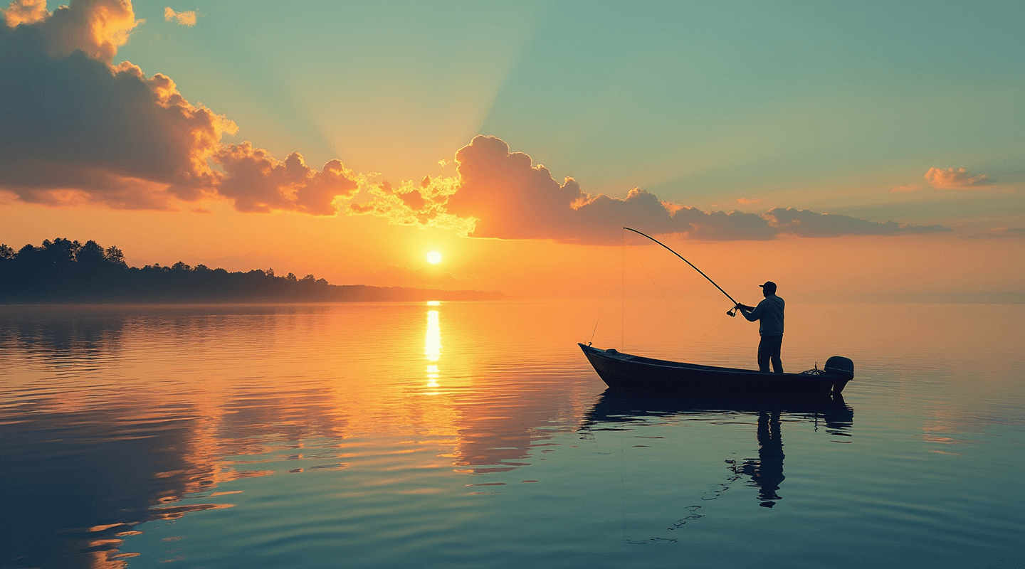 Angler casting line at sunrise over misty Canadian lake