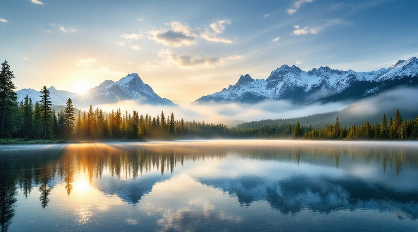 Scenic view of Canadian fishing locations showing a misty lake at sunrise with mountains in the background