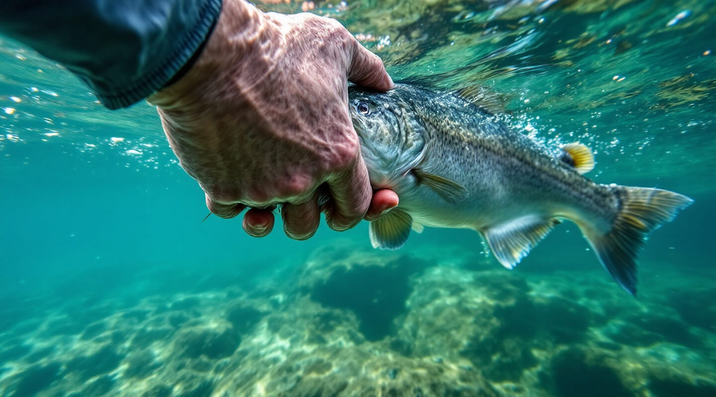 Careful release of major fish back into clear Canadian river water