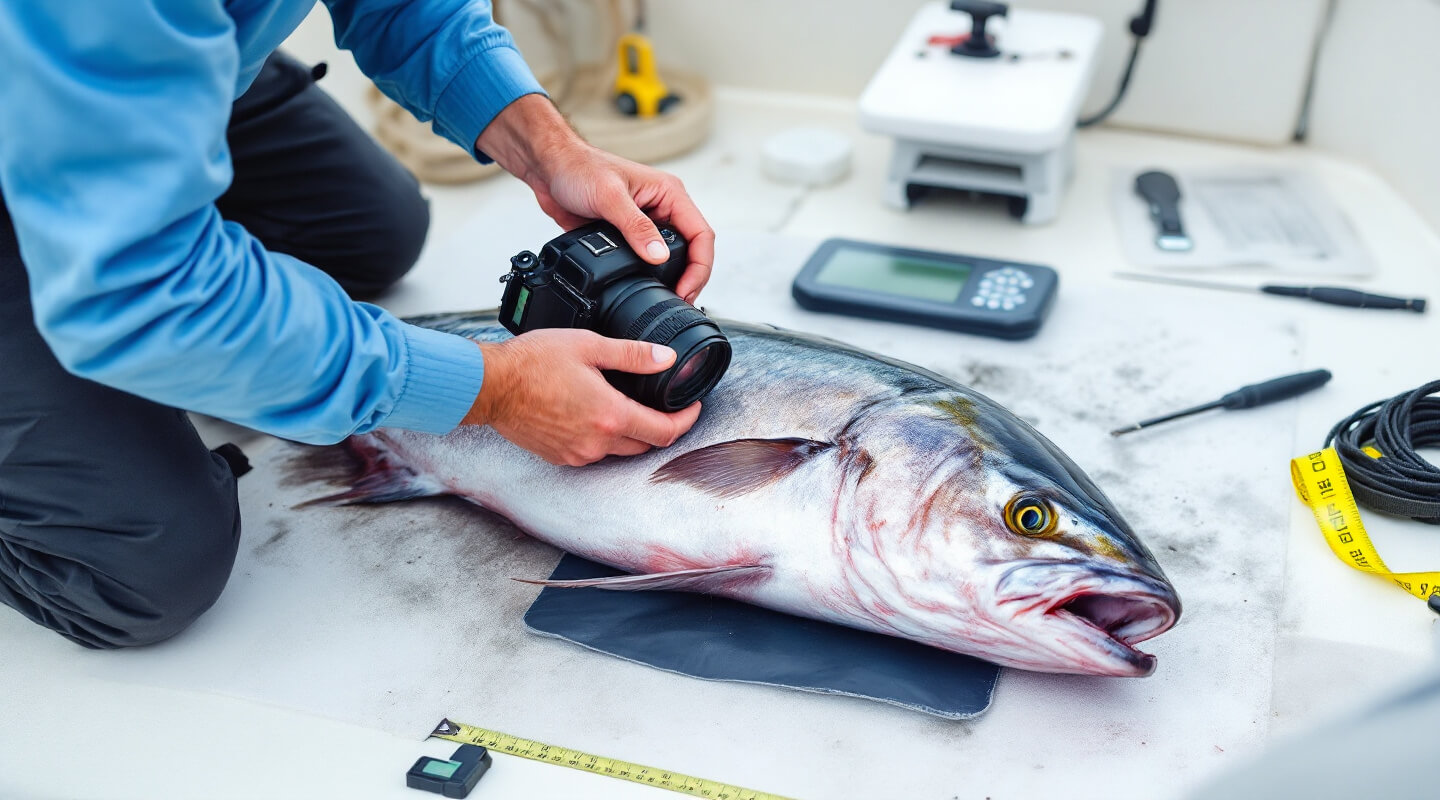 Angler documenting catch with camera, scale, and measuring tape on boat