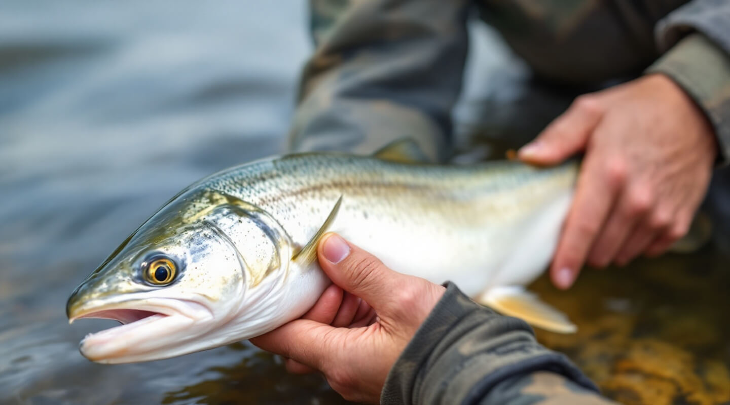 Angler applying appropriate fish handling methods and barbless hooking