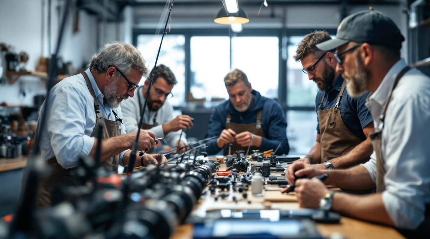 Small group of premium members sharing fishing techniques around high-end tackle display
