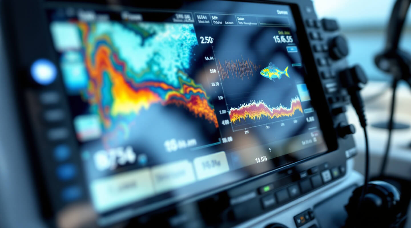 Modern fish finder display showing underwater sonar readings on boat dashboard