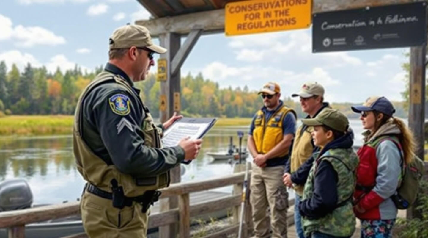 Conservation officer explaining new fishing rules to anglers at boat launch