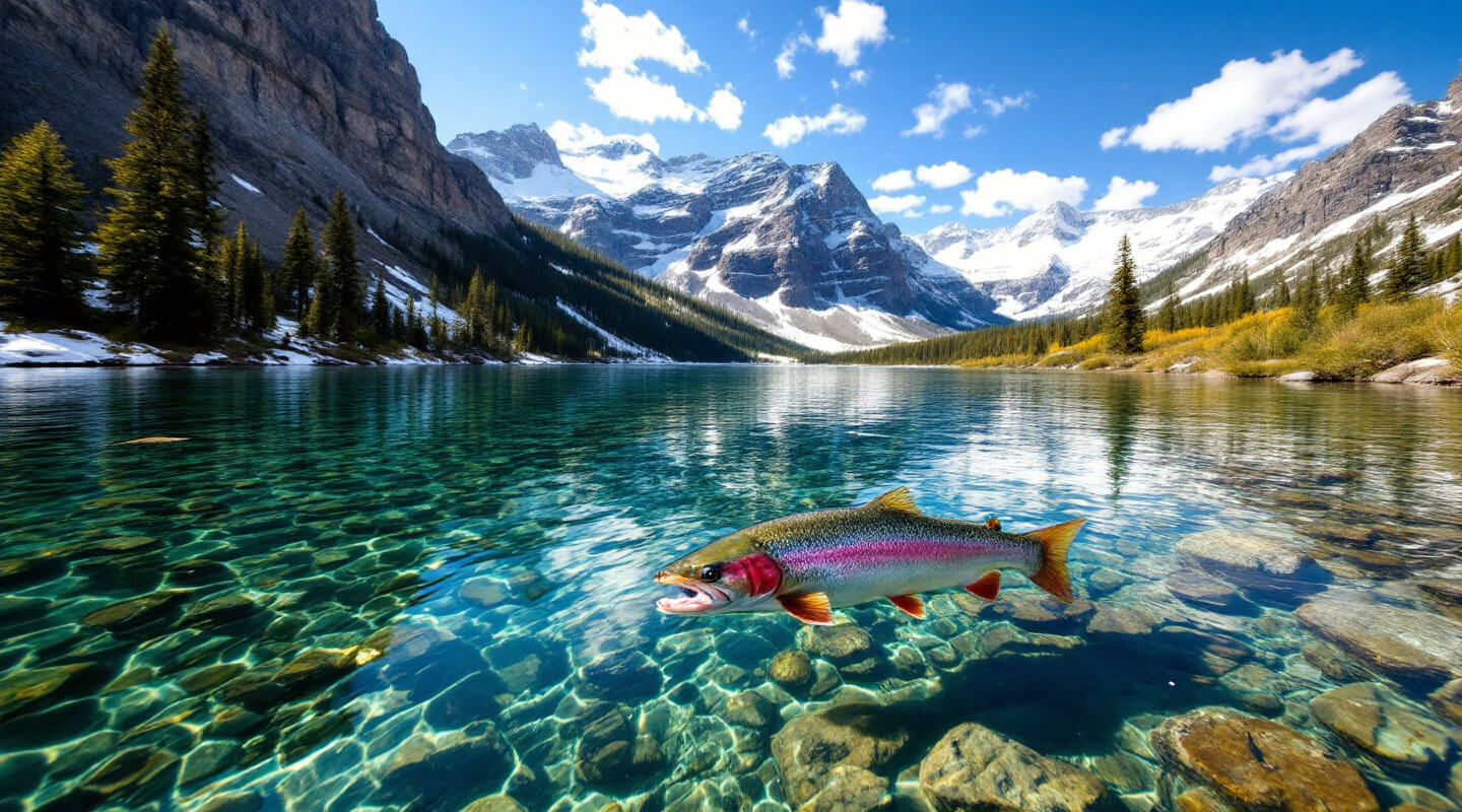 Rainbow trout fishing in pristine Canadian Rockies alpine lake