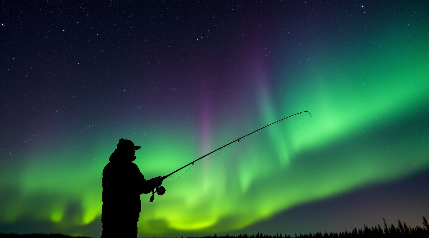 Night fishing under spectacular aurora borealis in northern Canadian wilderness