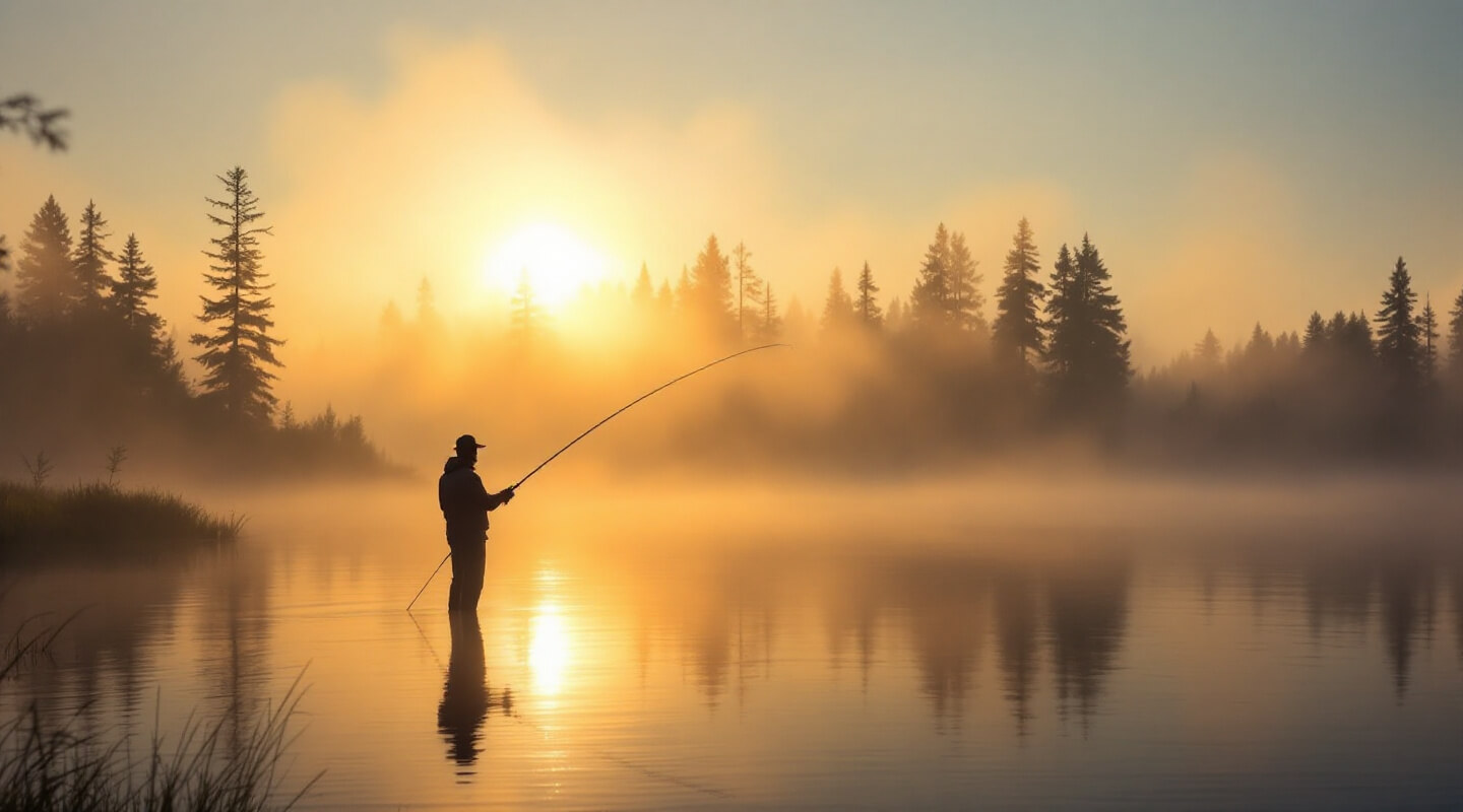 Early morning mist rising from Georgian Bay with angler silhouette casting