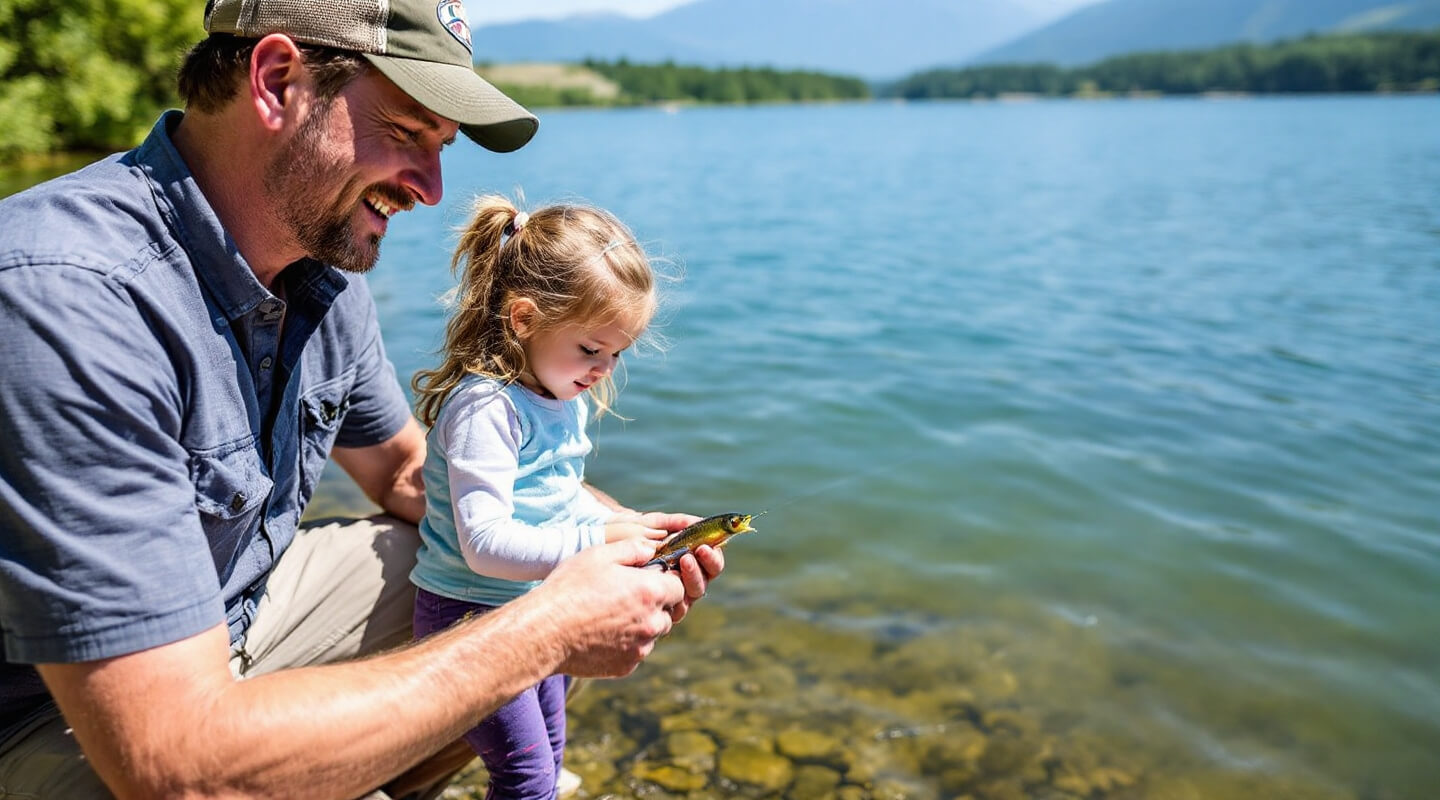 Tom Anderson teaching his young daughter proper fishing technique at peaceful lake