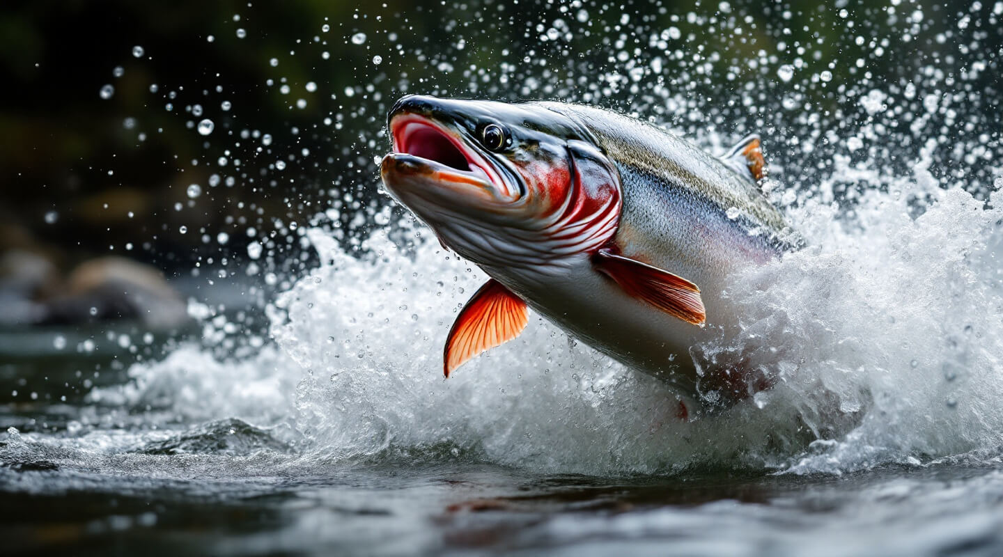 Chinook salmon leaping upstream during Fraser River spawning run
