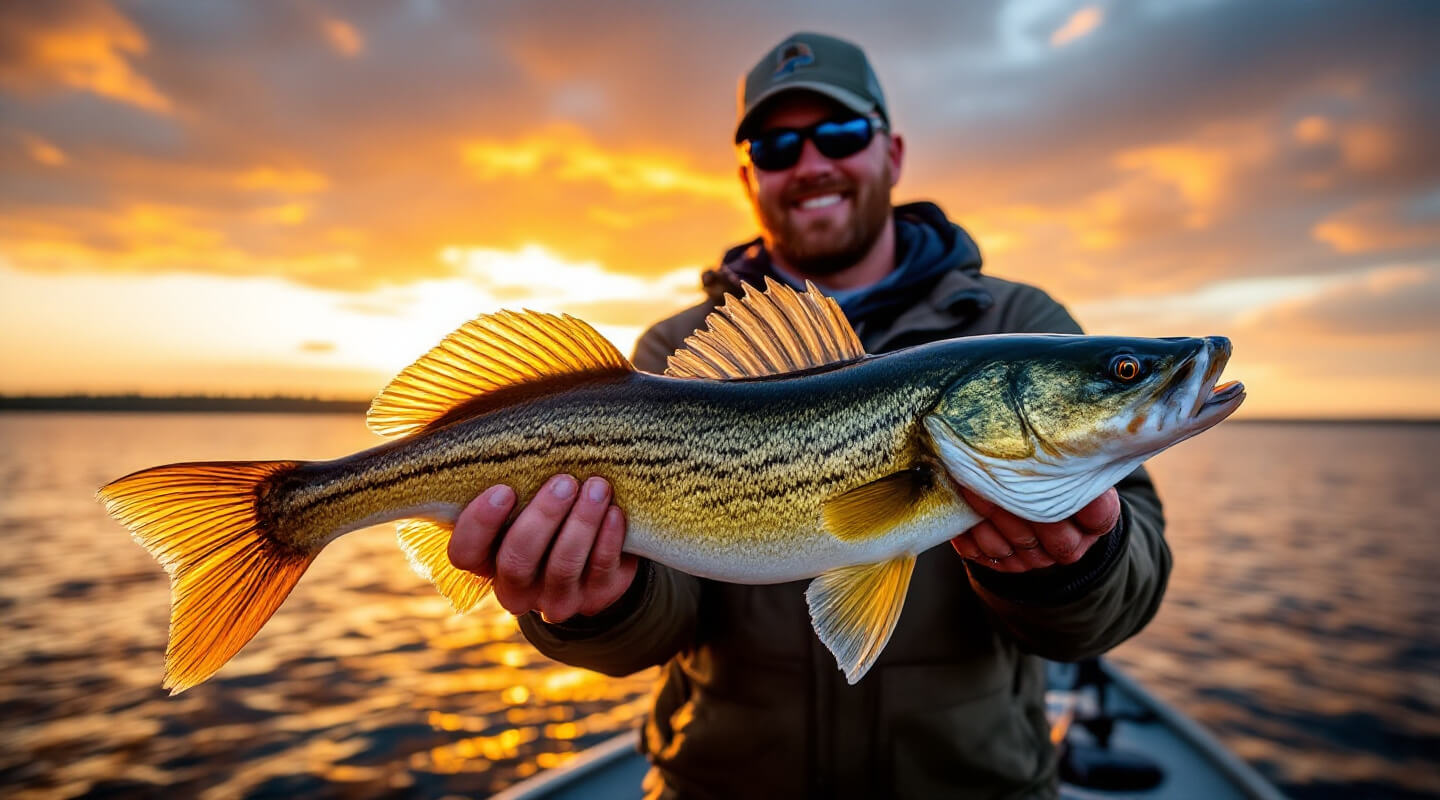 Kevin O'Brien holding beautiful walleye as golden sunset paints Lake of the Woods sky