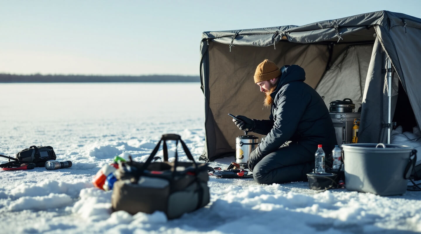 Ice fishing setup on frozen Lake Simcoe with shelter and equipment