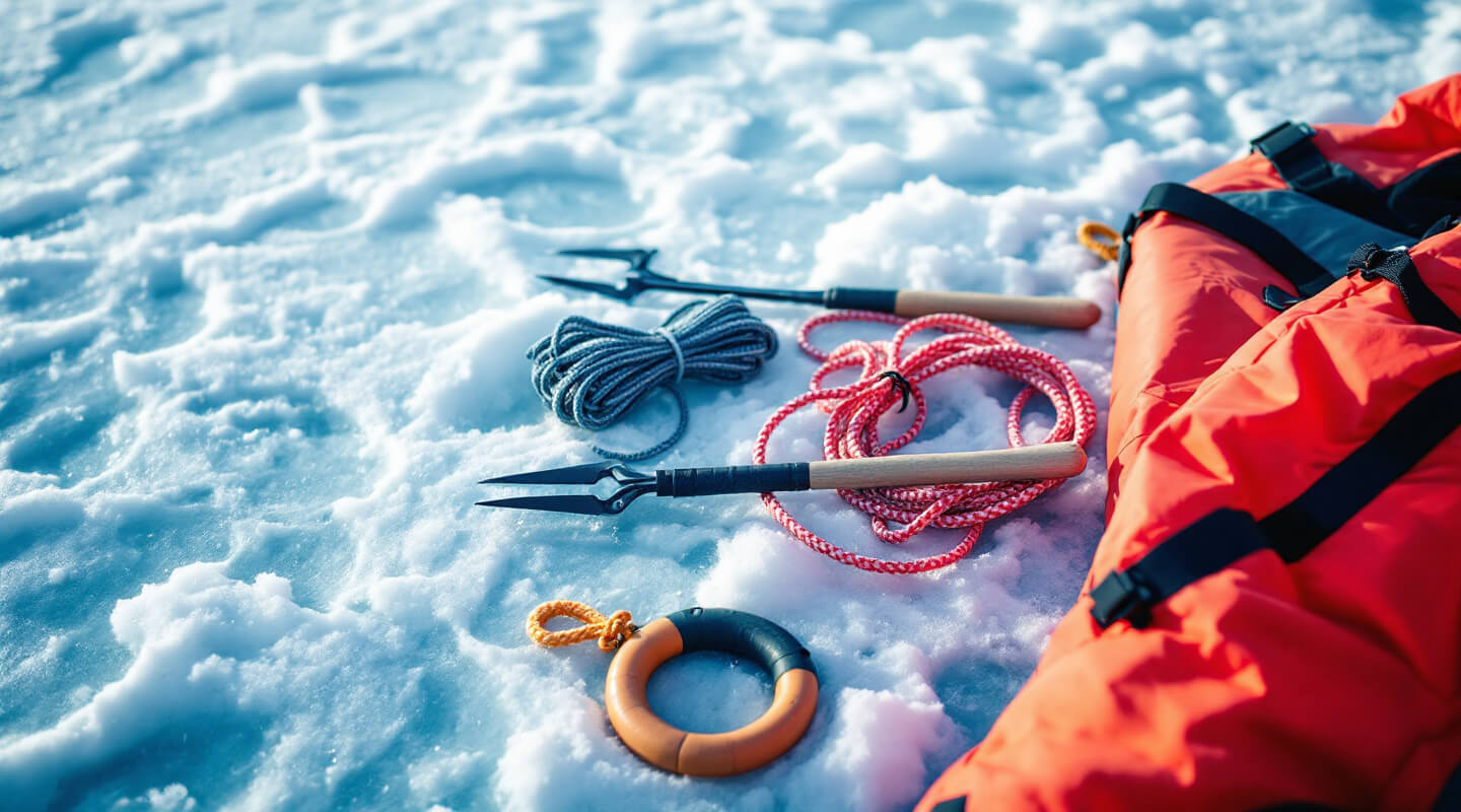 Complete ice fishing safety equipment laid out on thick clear ice