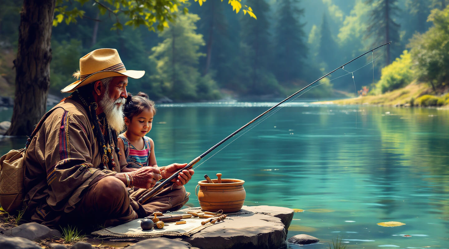 Indigenous elder teaching traditional fishing techniques to younger generation