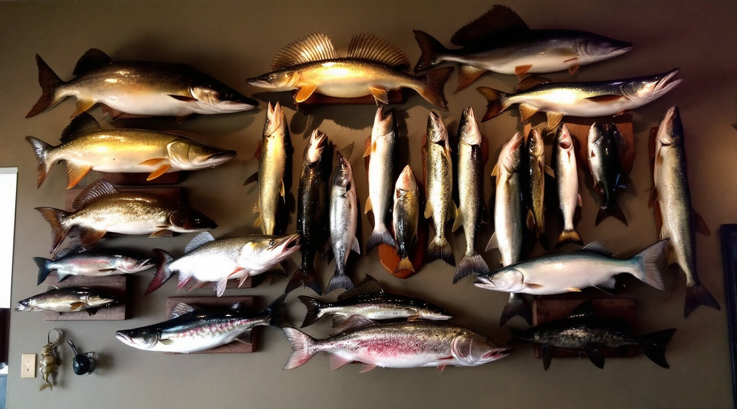 Trophy fish wall display showing various mounted Canadian game fish