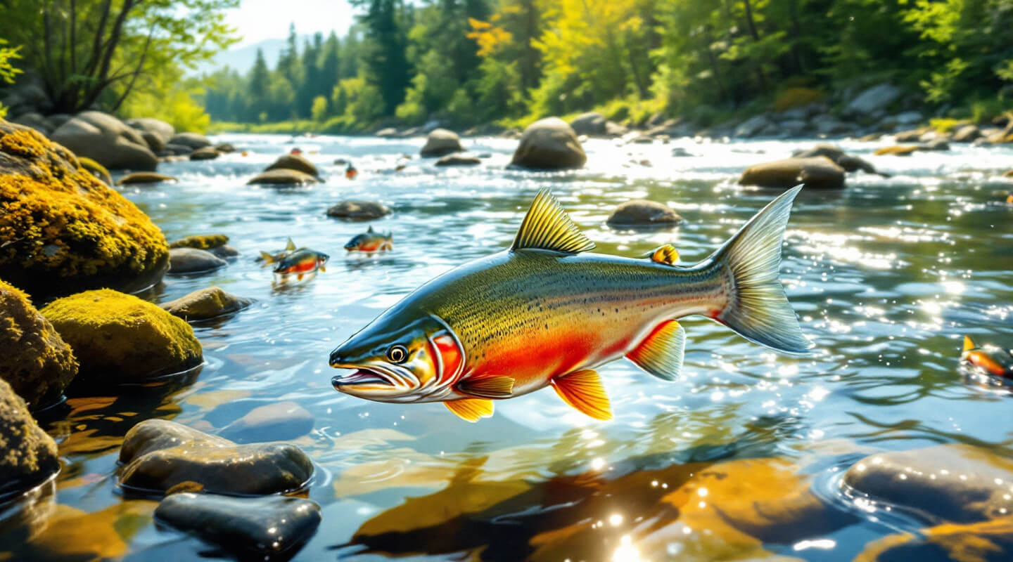 Atlantic salmon swimming upstream in restored river habitat