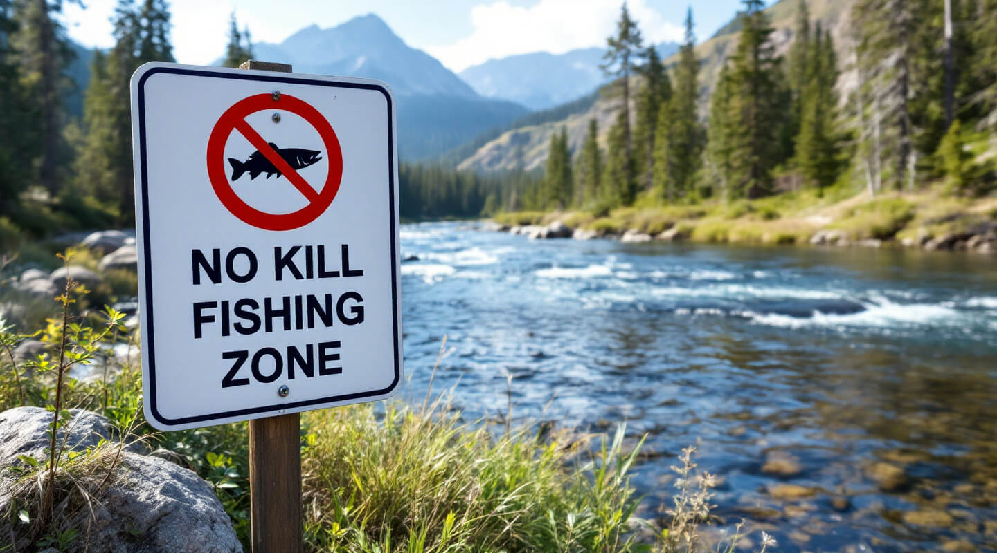 Official no-kill fishing zone sign alongside perfect wilderness river