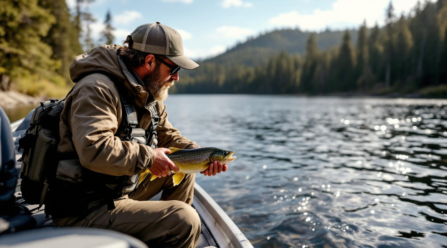 Professional fishing guide with quality gear helping client land fish