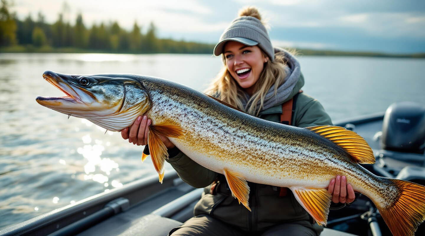 Massive northern pike being held by proud angler at boat side