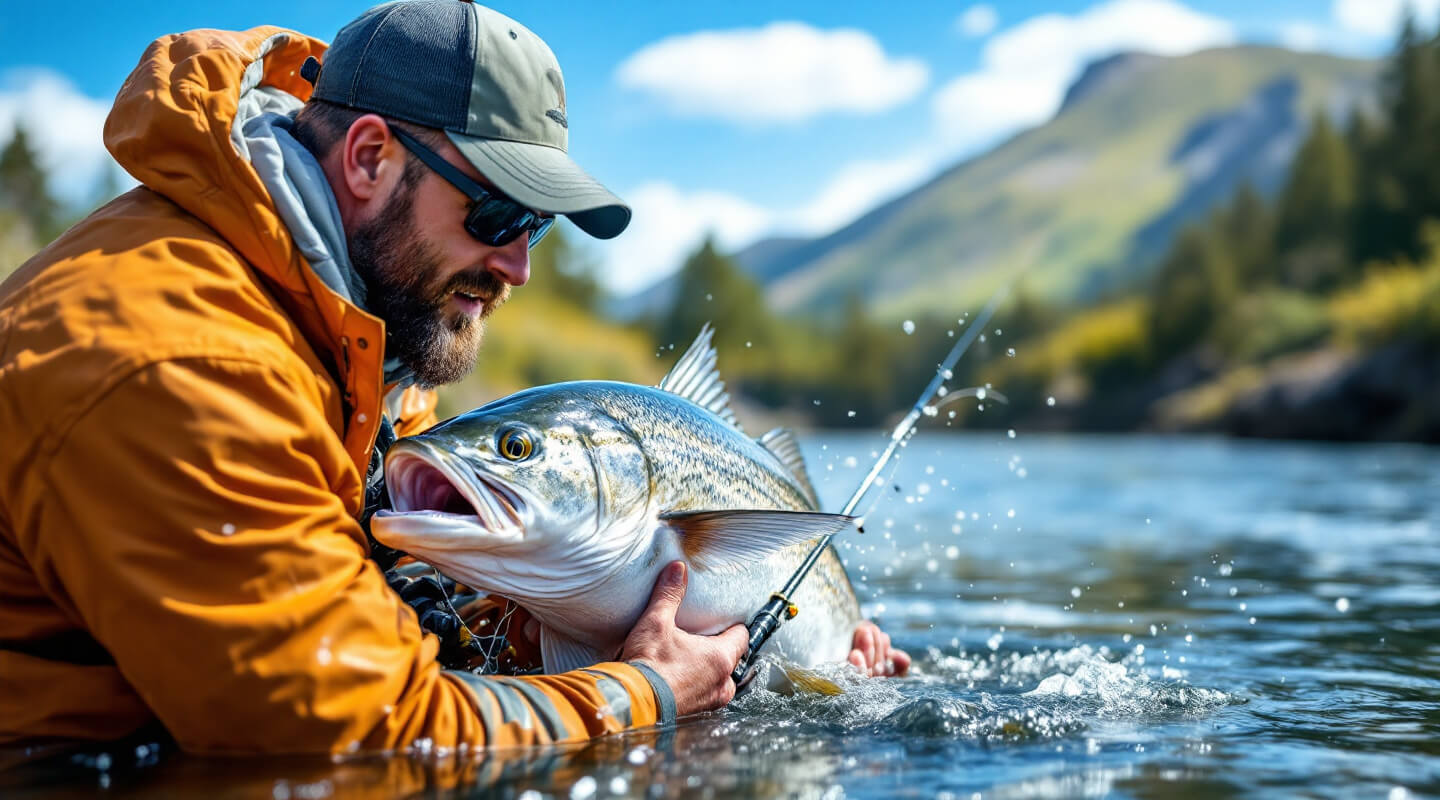 Professional fishing guide with quality gear helping client land fish