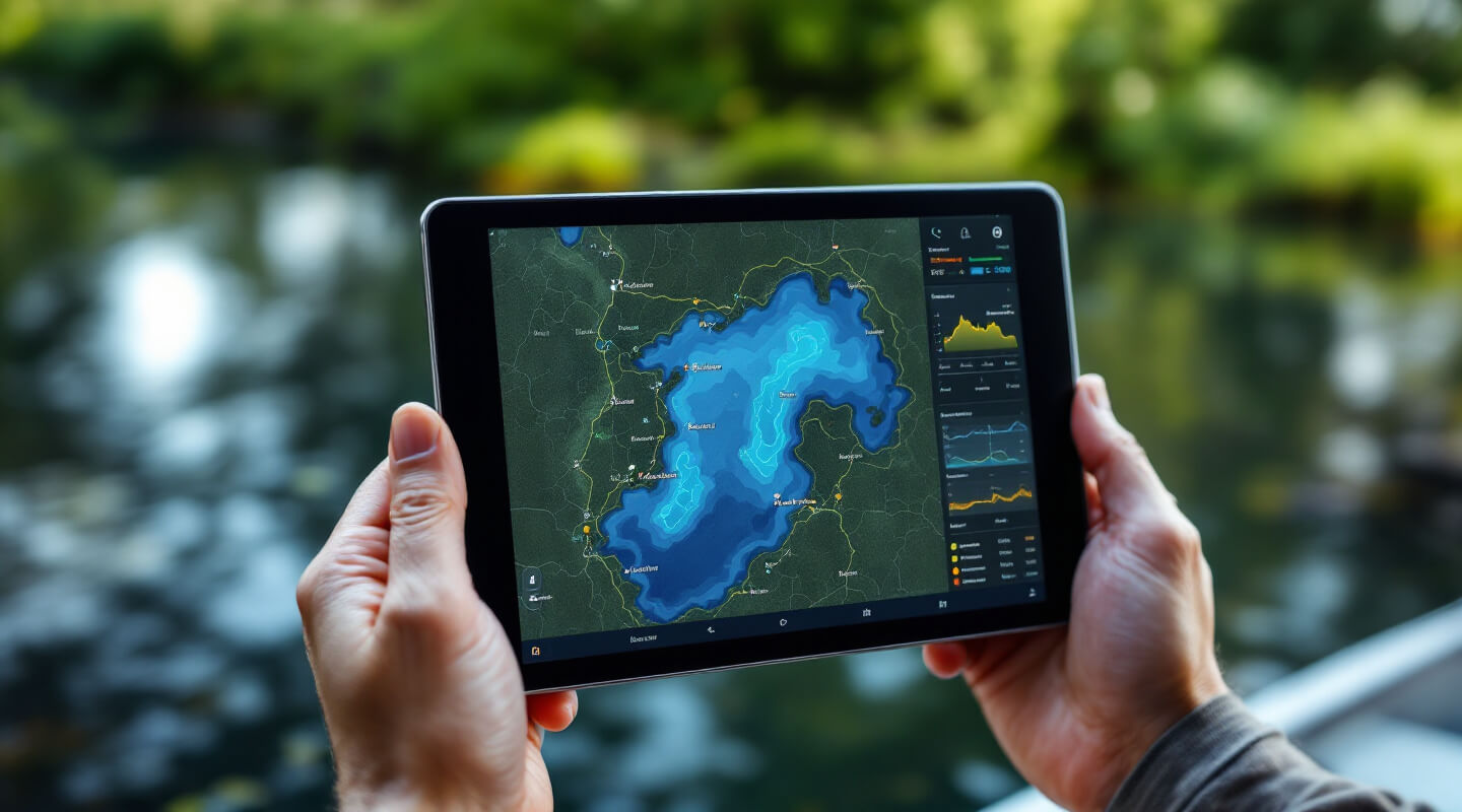Detailed fishing spot map displayed on tablet with GPS coordinates and seasonal data