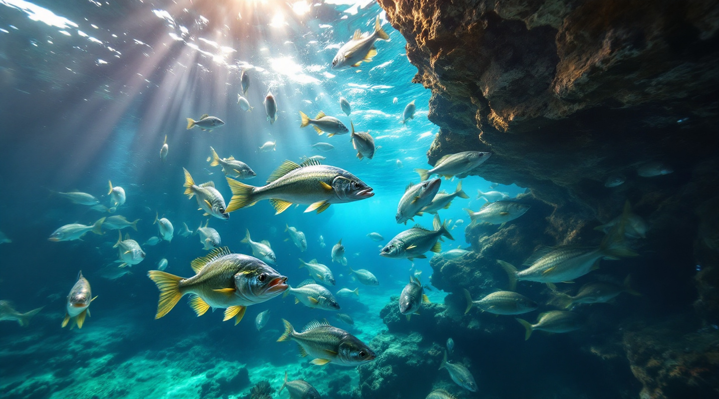 Underwater view of walleye school near rocky structure in clear lake water